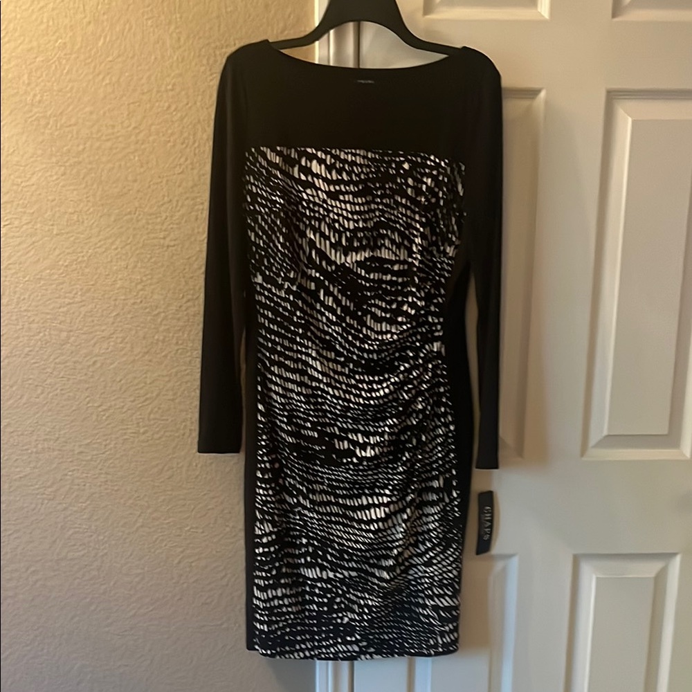 Chaps Black and White Patterned Dress